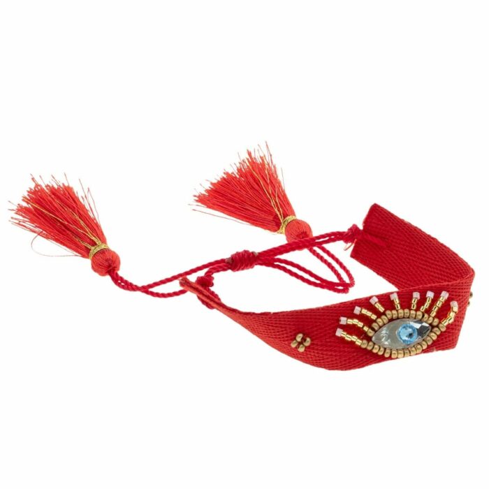 Mayfer Boho , Pulsera ajustable de tela rojo con diseño de ojo bordado