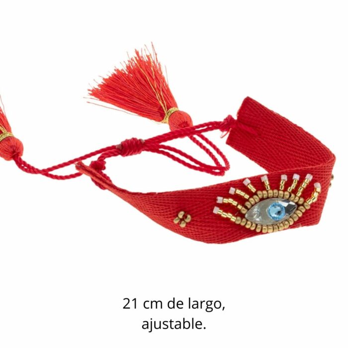 Mayfer Boho , Pulsera ajustable de tela rojo con diseño de ojo bordado - Imagen 2