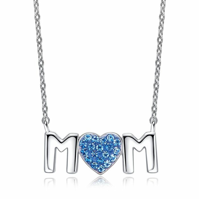 Mayfer, Cadena con dije palabra MOM plateado con cristal austriaco color azul