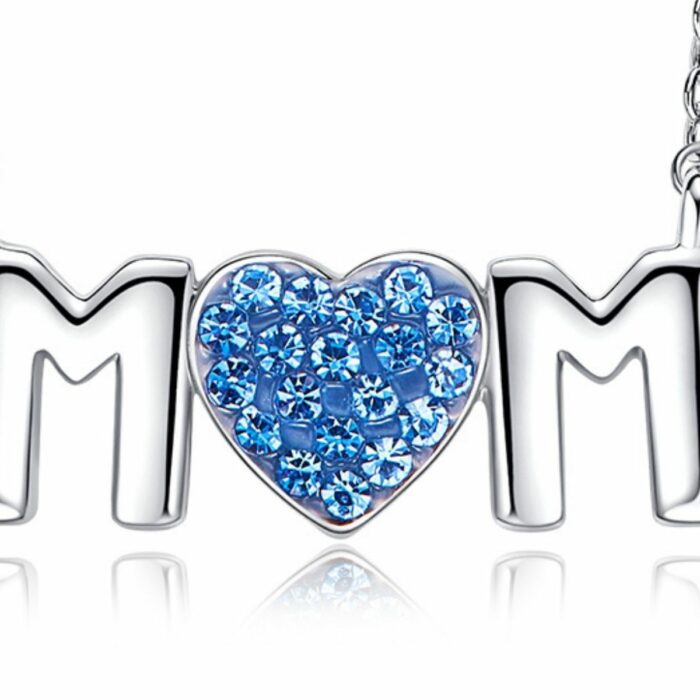 Mayfer, Cadena con dije palabra MOM plateado con cristal austriaco color azul - Imagen 4