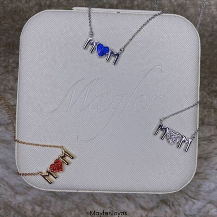 Mayfer, Cadena con dije palabra MOM plateado con cristal austriaco color azul - Imagen 3
