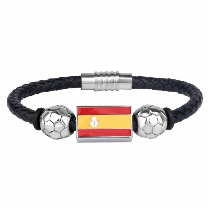 Mayfer Homme,Pulsera de piel negra con diseño de bandera de España y balón en acero inóxidable