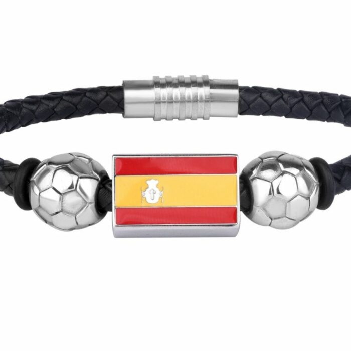 Mayfer Homme,Pulsera de piel negra con diseño de bandera de España y balón en acero inóxidable - Imagen 4