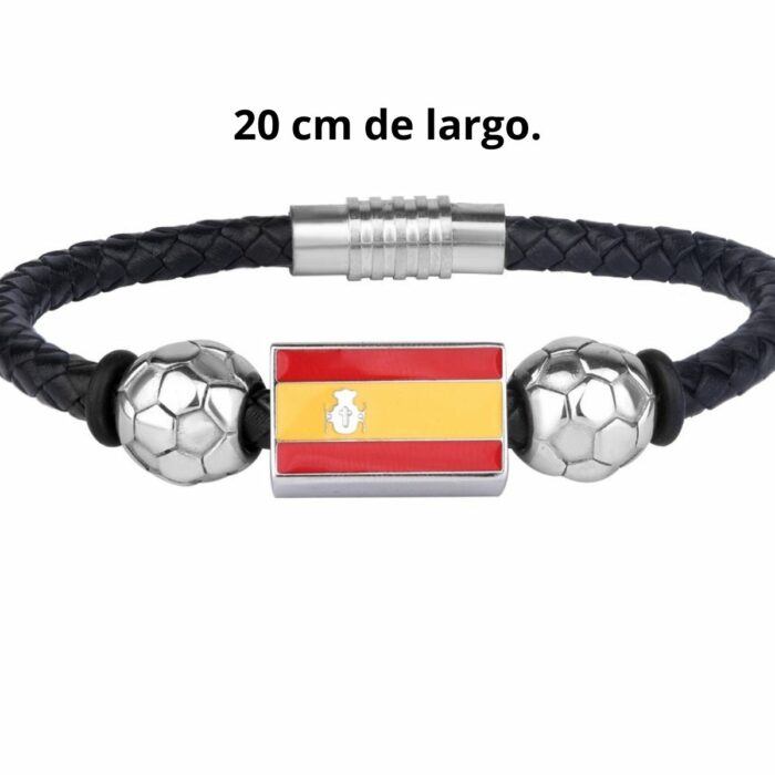 Mayfer Homme,Pulsera de piel negra con diseño de bandera de España y balón en acero inóxidable - Imagen 2