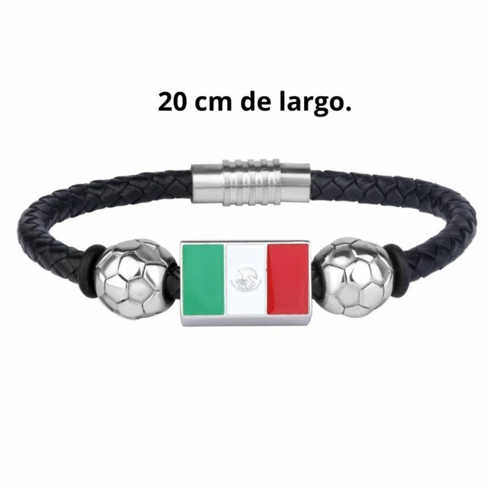 Mayfer Homme, Pulsera de piel negra con diseño de bandera de México y balón en acero inóxidable - Imagen 3