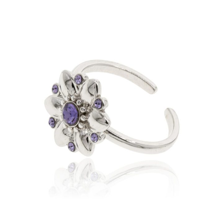 Mayfer , Anillo ajustable   con diseño de flor decorada con cristal austriaco - Color morado