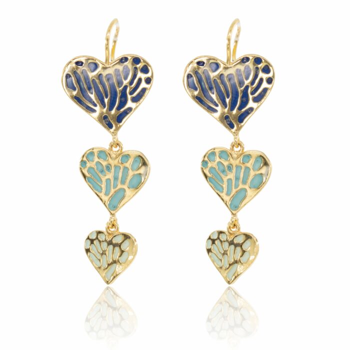 Mayfer, Aretes tipo gancho con diseño de corazones en tonalidades azules
