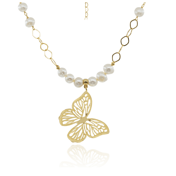 Mayfer, Collar corto con perla de río y dije de mariposa grande