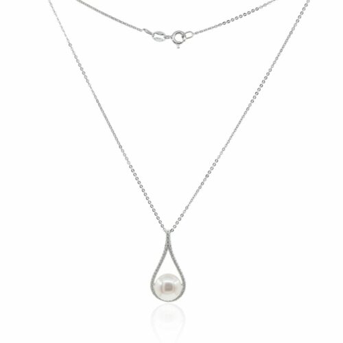 Mayfer,Collar de plata .925 modelo de  gota, circonias y perla- Plateado.