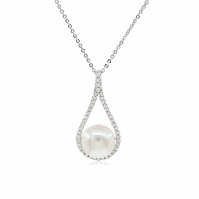 Mayfer,Collar de plata .925 modelo de  gota, circonias y perla- Plateado. - Imagen 2