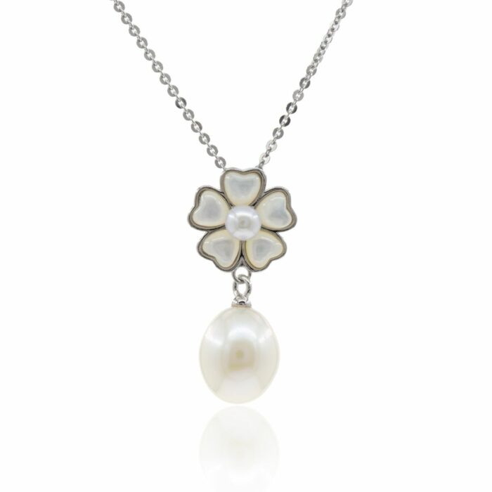 Mayfer,Collar de plata .925 modelo de flor y perla gota- Plateado. - Imagen 2