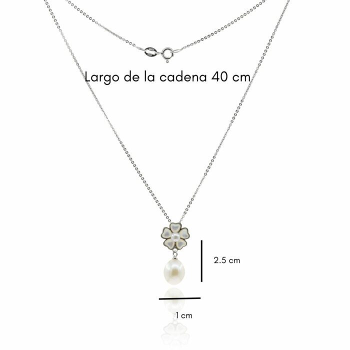 Mayfer,Collar de plata .925 modelo de flor y perla gota- Plateado. - Imagen 4