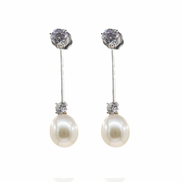 Mayfer,Aretes largos de plata.925 modelo barra circonia y perla de río - Plateado.