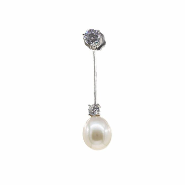 Mayfer,Aretes largos de plata.925 modelo barra circonia y perla de río - Plateado. - Imagen 2