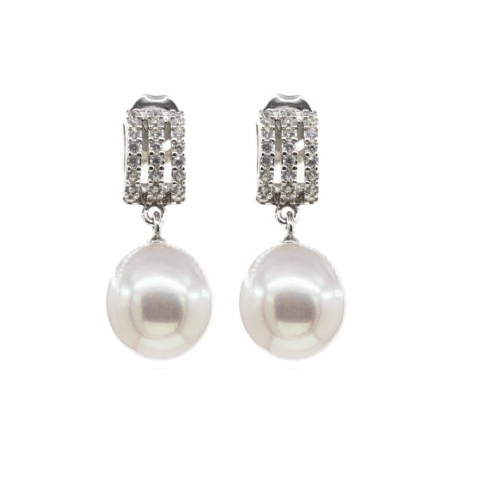 Mayfer,Aretes de plata .925 modelo tres líneas con circonia y perla de río - Plateando.