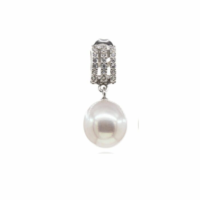 Mayfer,Aretes de plata .925 modelo tres líneas con circonia y perla de río - Plateando. - Imagen 2