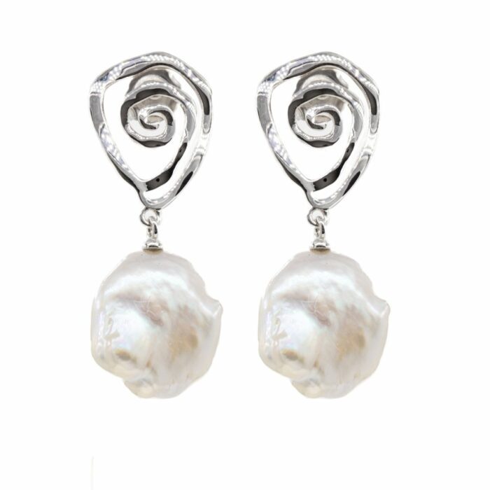 Mayfer,Aretesde plata .925 modelo espiral y perla barroca - Plateado.