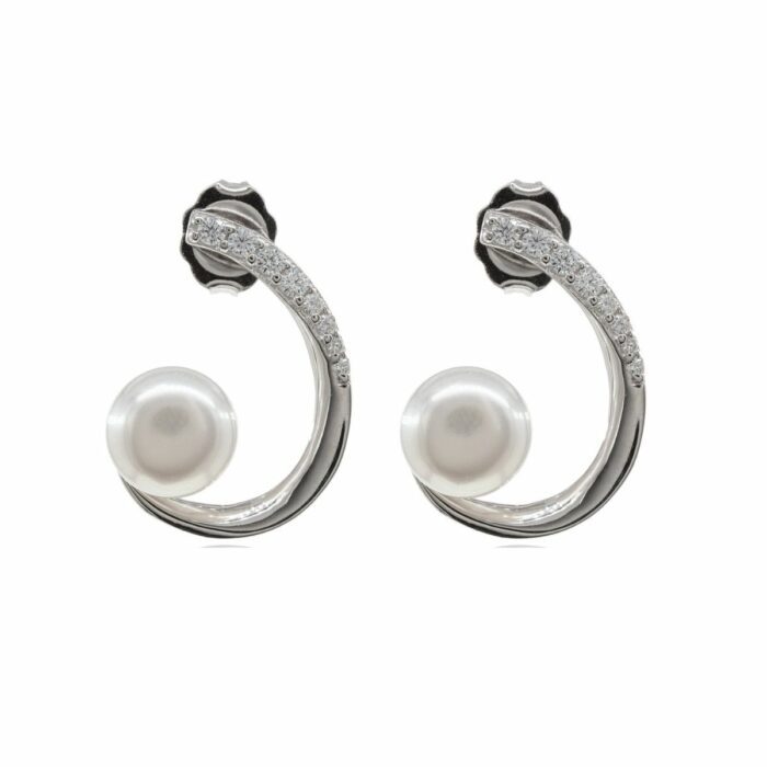 Mayfer,Aretes de plata .925 modelo de medio círculo, circonia y perla - Plateado.