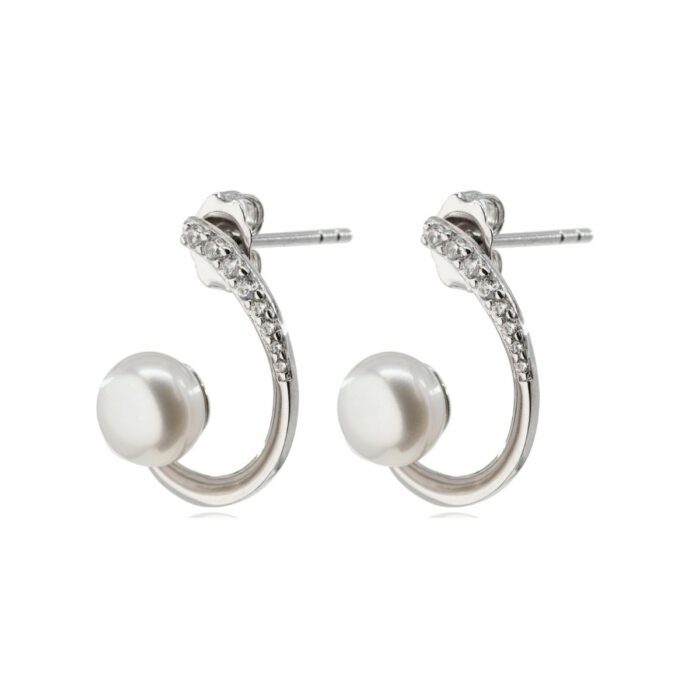 Mayfer,Aretes de plata .925 modelo de medio círculo, circonia y perla - Plateado. - Imagen 2