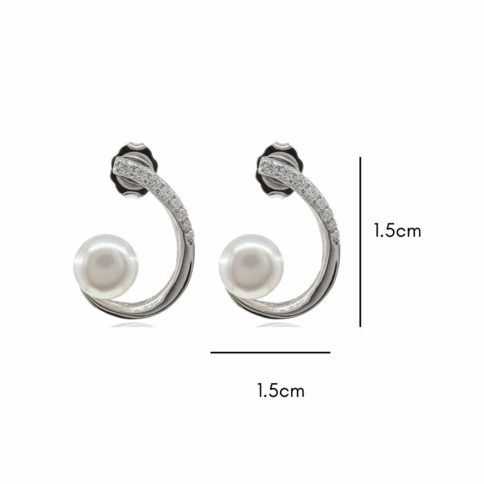 Mayfer,Aretes de plata .925 modelo de medio círculo, circonia y perla - Plateado. - Imagen 4