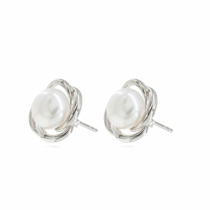 Mayfer,Aretes de plata .925 modelo de flor 4 pétalos y perla - Plateado.