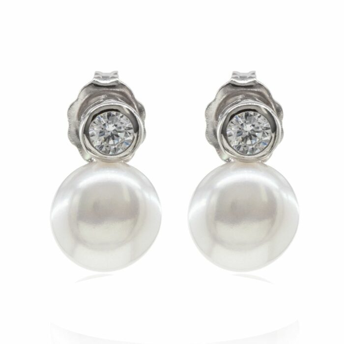 Mayfer,Aretes de plata .925 modelo de gota, perla y circonia- Plateado.