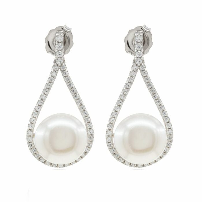 Mayfer,Aretes de plata .925 modelo de gota circonias perla- Plateado.
