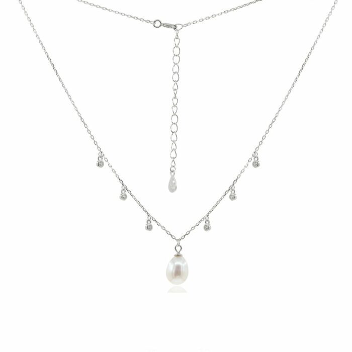 Mayfer,Collar de plata .925 modelo de gota perla y circonias- Plateado.