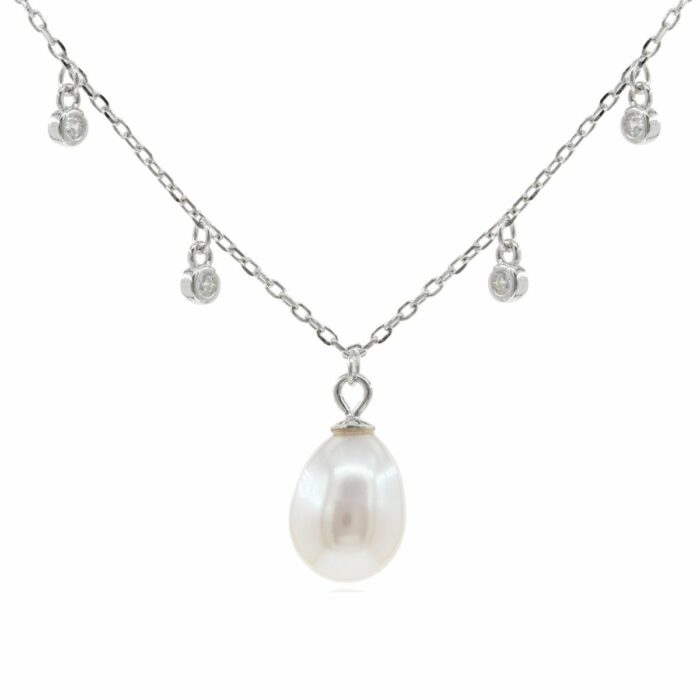 Mayfer,Collar de plata .925 modelo de gota perla y circonias- Plateado. - Imagen 2