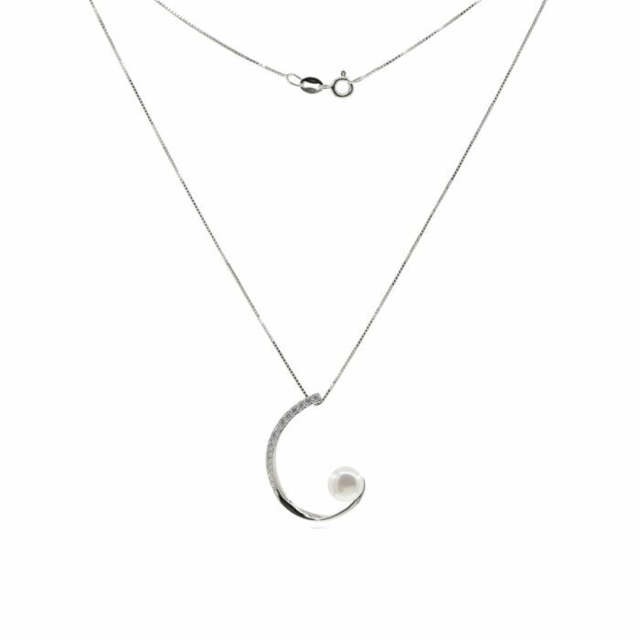 Mayfer,Collar de plata .925 modelo de medio círculo, circonias y perlas - Plateado.
