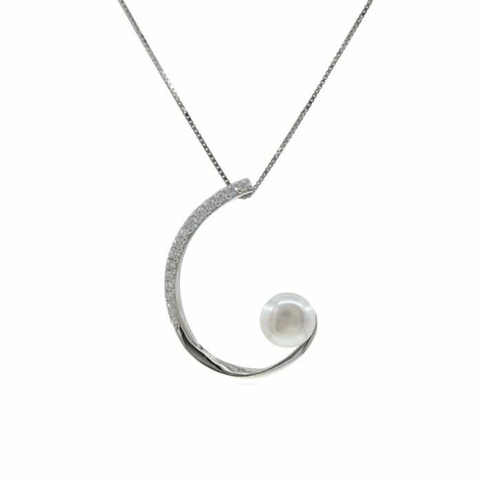 Mayfer,Collar de plata .925 modelo de medio círculo, circonias y perlas - Plateado. - Imagen 2