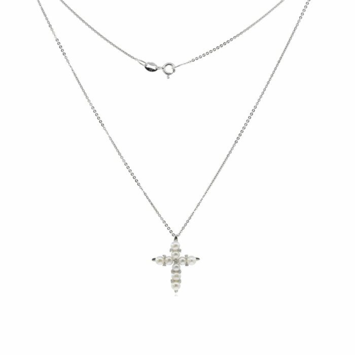 Mayfer,Collar de plata .925 modelo de cruz, perla y circonias  - Plateado.