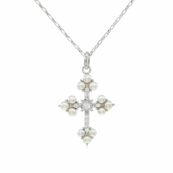 Mayfer,Collar de plata .925 modelo de cruz antigua, perla y circonias - Plateado. - Imagen 2