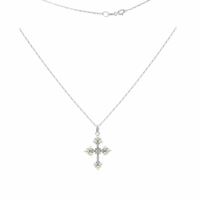 Mayfer,Collar de plata .925 modelo de cruz antigua, perla y circonias - Plateado.