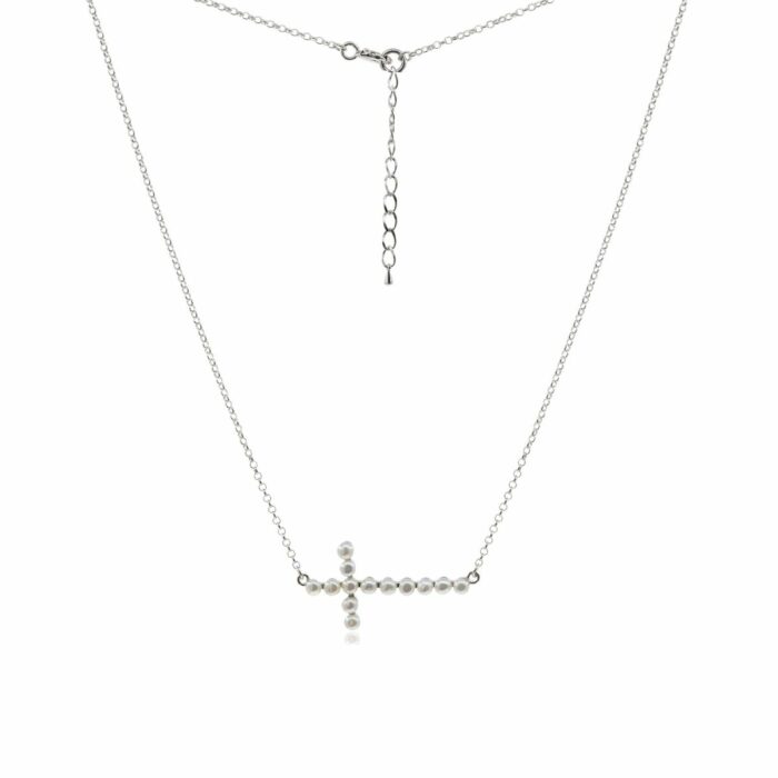Mayfer,Collar de plata .925 modelo de cruz, decorado con perlas - Plateado.