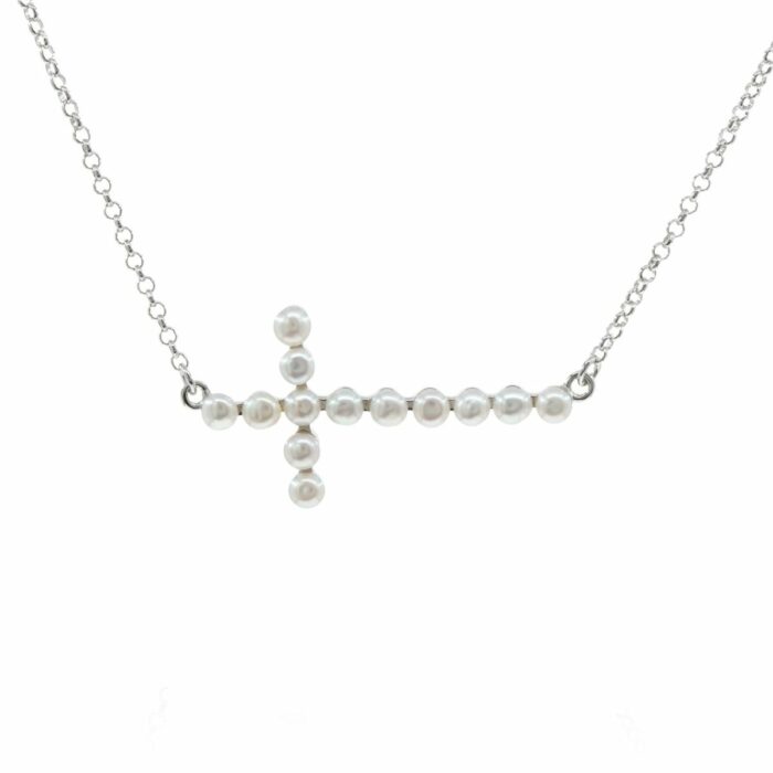 Mayfer,Collar de plata .925 modelo de cruz, decorado con perlas - Plateado. - Imagen 2