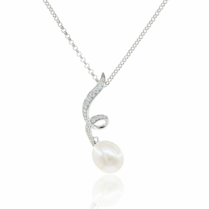 Mayfer,Collar de plata .925 modelo de  lazo largo, circonia y  perla- Plateado. - Imagen 2
