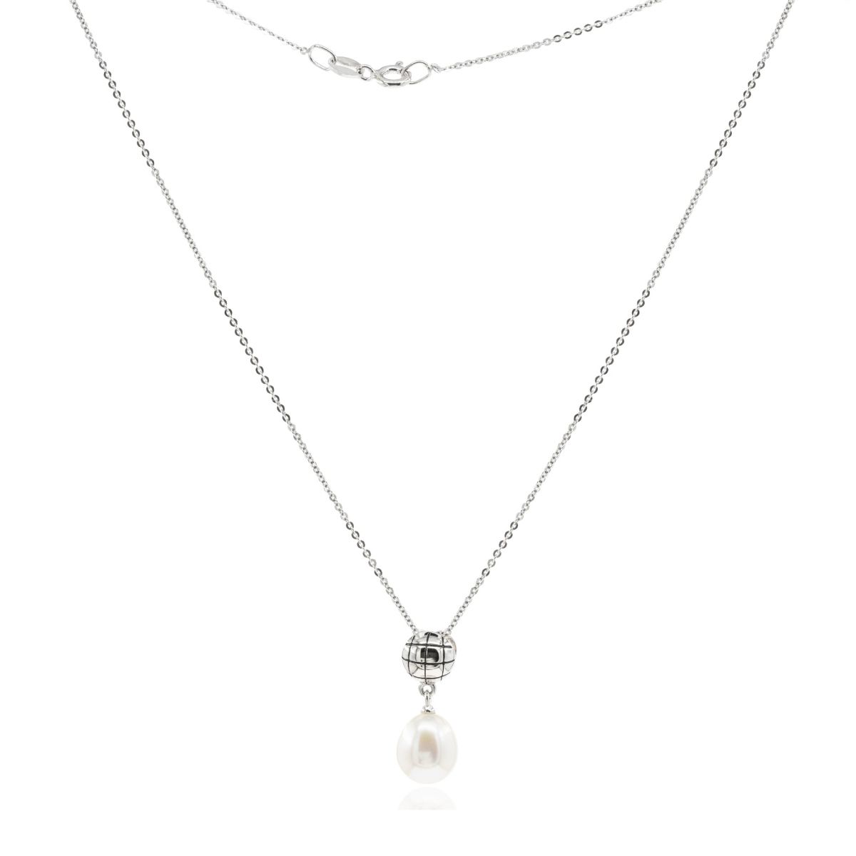 Mayfer,Collar de plata .925 modelo de boton, cuadros y perla- Plateado.