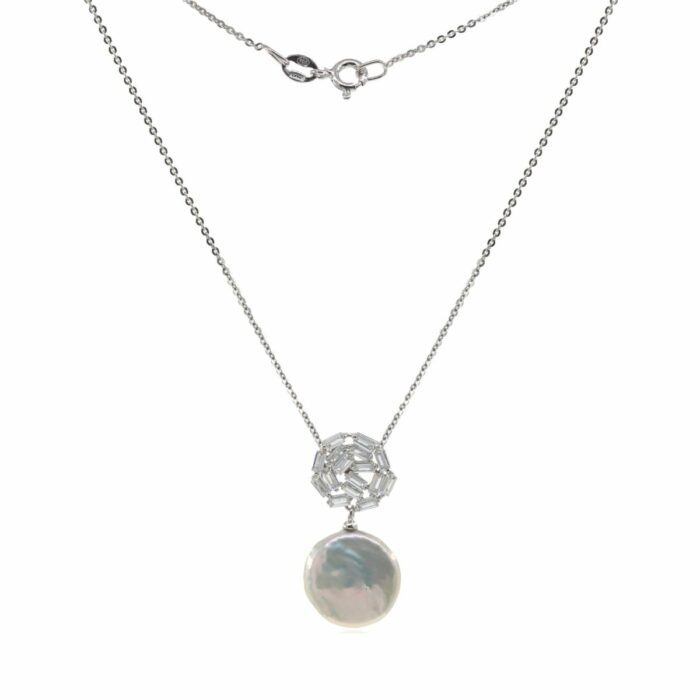 Mayfer,Collar de plata .925 modelo de boton baguette decorado con  perla circular- Plateado.