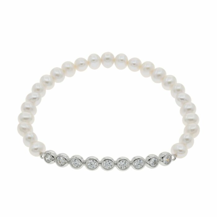 Mayfer,Pulsera elástica de plata .925 modelo de perlas y  circonia- Plateado.