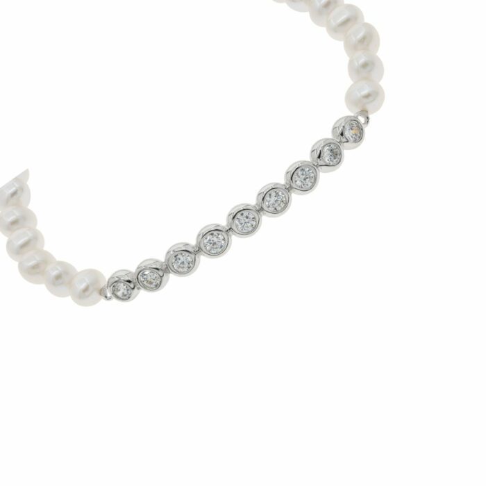 Mayfer,Pulsera elástica de plata .925 modelo de perlas y  circonia- Plateado. - Imagen 2
