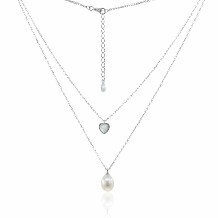 Mayfer,Collar de plata .925 modelo doble con dije de corazòn, y perla de rìo- Plateado.