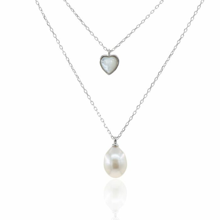Mayfer,Collar de plata .925 modelo doble con dije de corazòn, y perla de rìo- Plateado. - Imagen 2