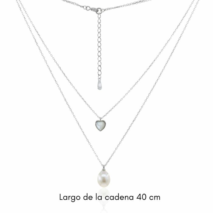 Mayfer,Collar de plata .925 modelo doble con dije de corazòn, y perla de rìo- Plateado. - Imagen 4