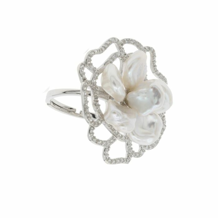 Mayfer,Anillo de plata .925 modelo de flor y  perla barroca - Plateado.