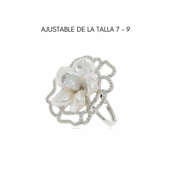 Mayfer,Anillo de plata .925 modelo de flor y  perla barroca - Plateado. - Imagen 3