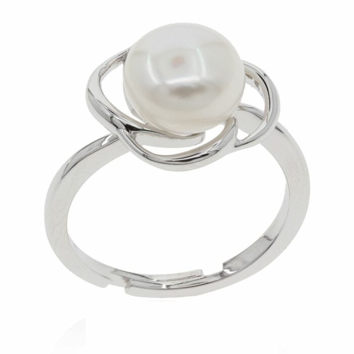 Mayfer,Anillo de plata .925 modelo de flor 4 pétalos y perla- Plateado.